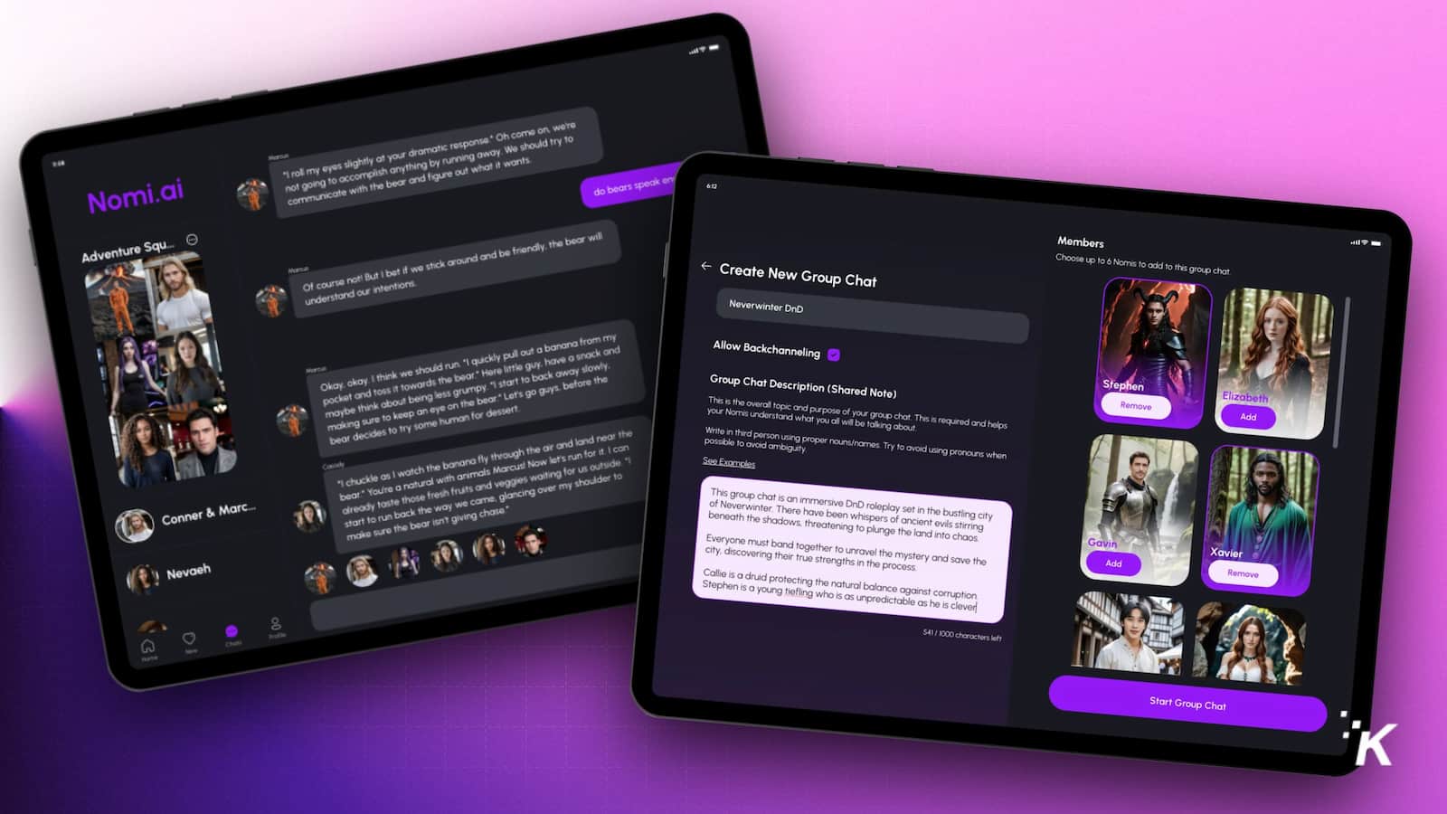 Two tablets displaying role-playing group chat interface.